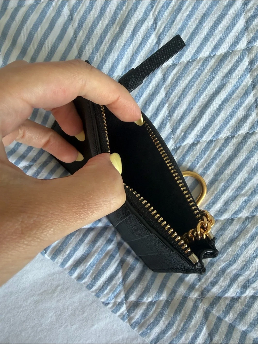 Tory Burch Robinson Black Saffiano Card Holder Zip Pouch with Gold Keychain